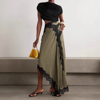 Elegant asymmetrisk slå-om nederdel til kvinder | Blonderkant