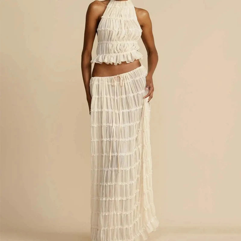 Sommersæt til kvinder | Rygløs slyngetop med snørelukning og plisseret maxinederdel