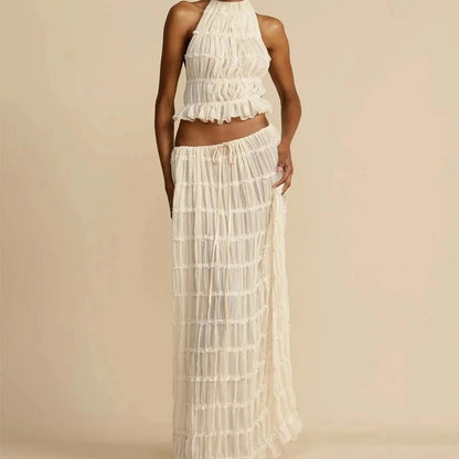 Sommersæt til kvinder | Rygløs slyngetop med snørelukning og plisseret maxinederdel