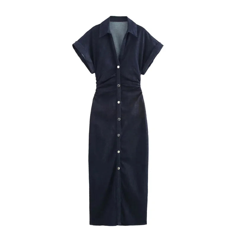 Denim midikjole med skjortekrave – Knaplukning foran | Side-lynlås | Markerede sømme | Taljefremhævende pasform
