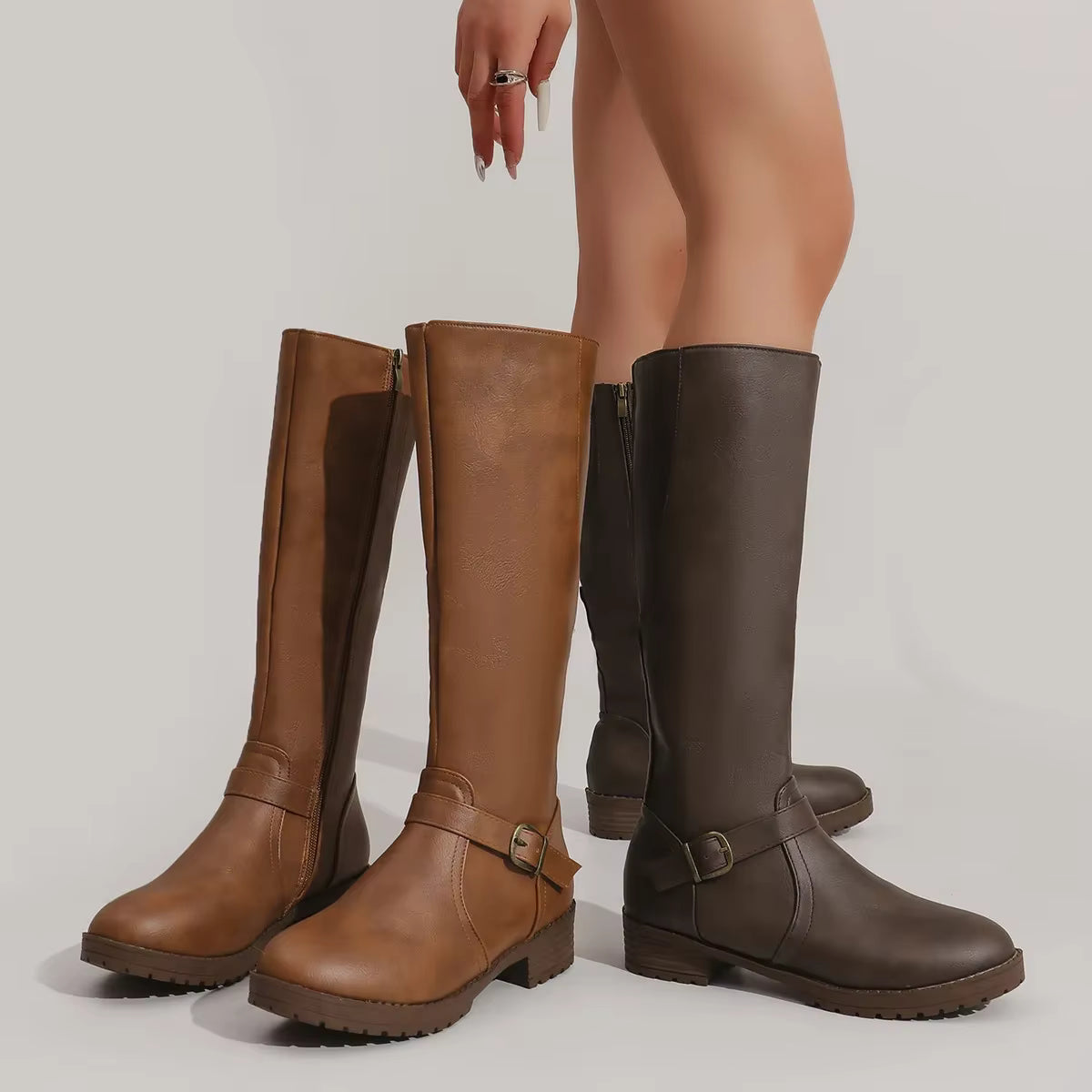 Knæhøje støvler til kvinder | Lav hæl og lynlås | Klassiske hverdagsstøvler