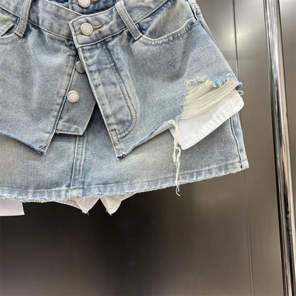 Kvinders denim mininederdel | Lag-på-lag look | Rå kanter & A-form