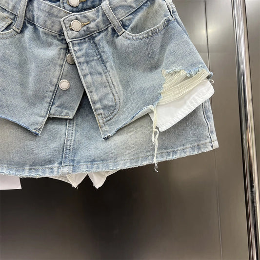 Kvinders denim mininederdel | Lag-på-lag look | Rå kanter & A-form