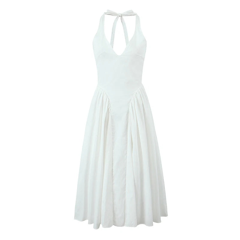 Halter midi kjole – Dyb V-udskæring | Åben ryg | Lav talje | A-line skørt | Elegant til events