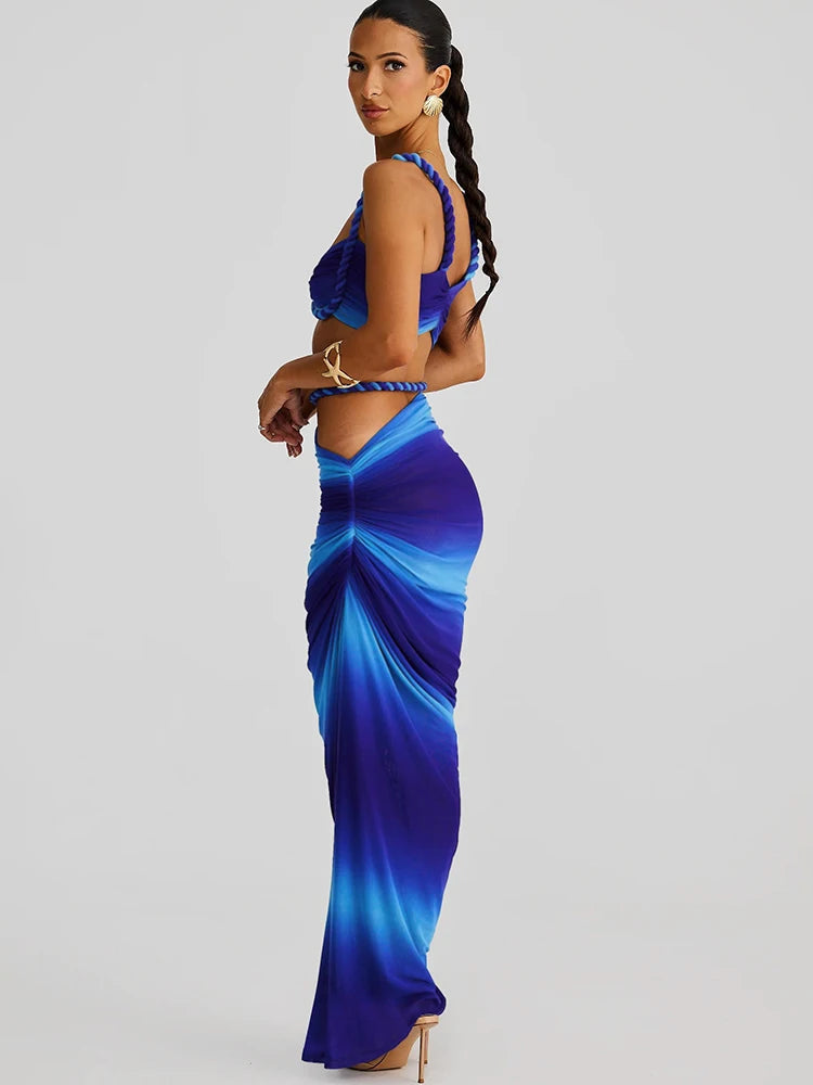 Vævet todelt sæt med crop top og maxinederdel | Elegant ferielook