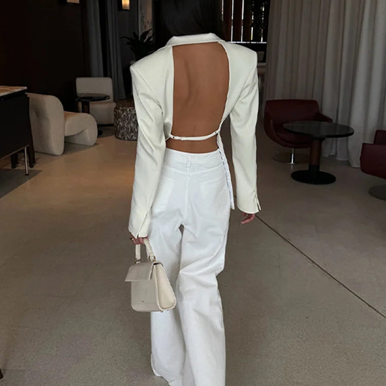 Elegant Hvid Blazer til Kvinder | Åben Ryg | Langærmet | Klassisk Business Jakke