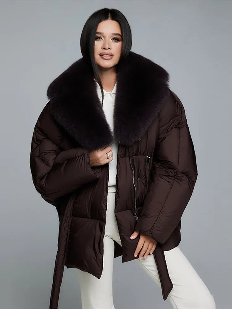 Elegant Padded Jakke Med Faux Fur Krave Og Bindebånd