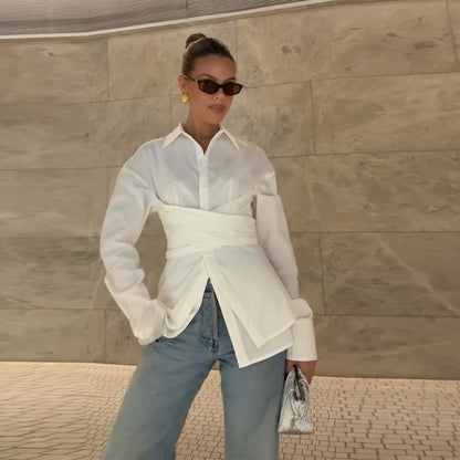 Langærmet Dame Bomuld Skjorte | Turn-Down Krave | Enkel Knaplukning | Slim Fit Afslappet Top