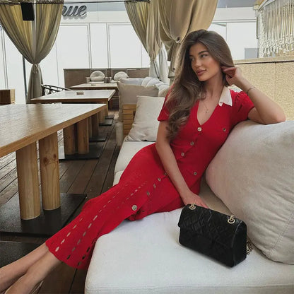 Strikket Kjole til Kvinder | V-hals | Single Breasted | Kort Ærme Chic Dress