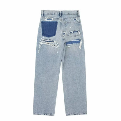 Kvinders højtaljede jeans | Patchwork denim med slidte detaljer | Lige ben
