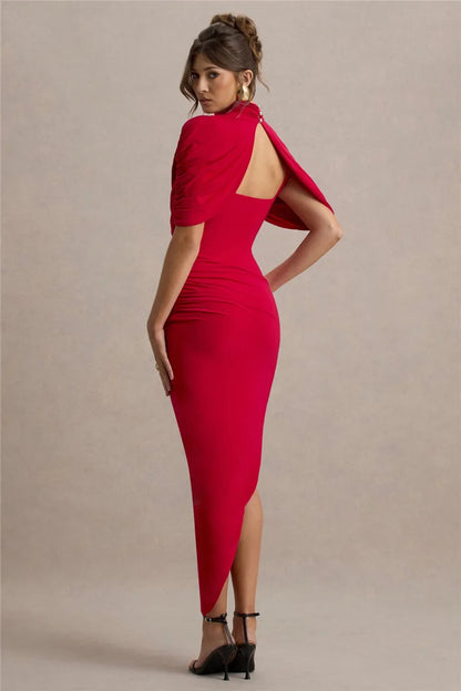 Half Sleeve Maxikjole | Backless & Rynket | Turtleneck A-Linje Kjole