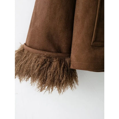 Kvinders Jakke med Imiteret Pelskrave | Brun Ruskind-Look | Varm og Eksklusiv til Efterår og Vinter