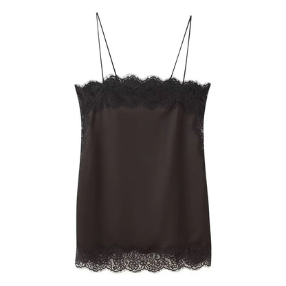 Todelt satinsæt til kvinder | Off-Shoulder cami-top og midi-nederdel med blonde