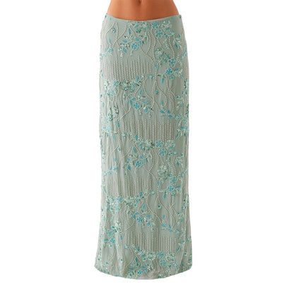 Maxi Nederdel til Kvinder | Perle- og Pailletdetaljer | Høj Talje | Elegant Snit