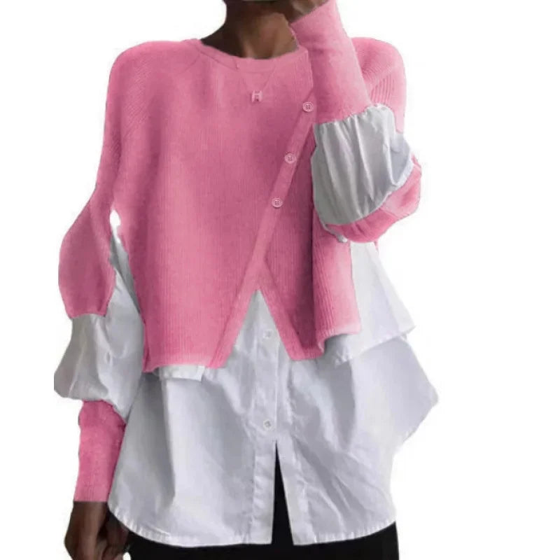 Striktrøje med Skjorte-Detalje | Patchwork Crew Neck Top | Elegant Dameoverdel