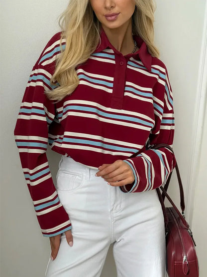 Langærmet T-shirt til Kvinder | Button Lapel | Stribet Casual Top | Slim Fit