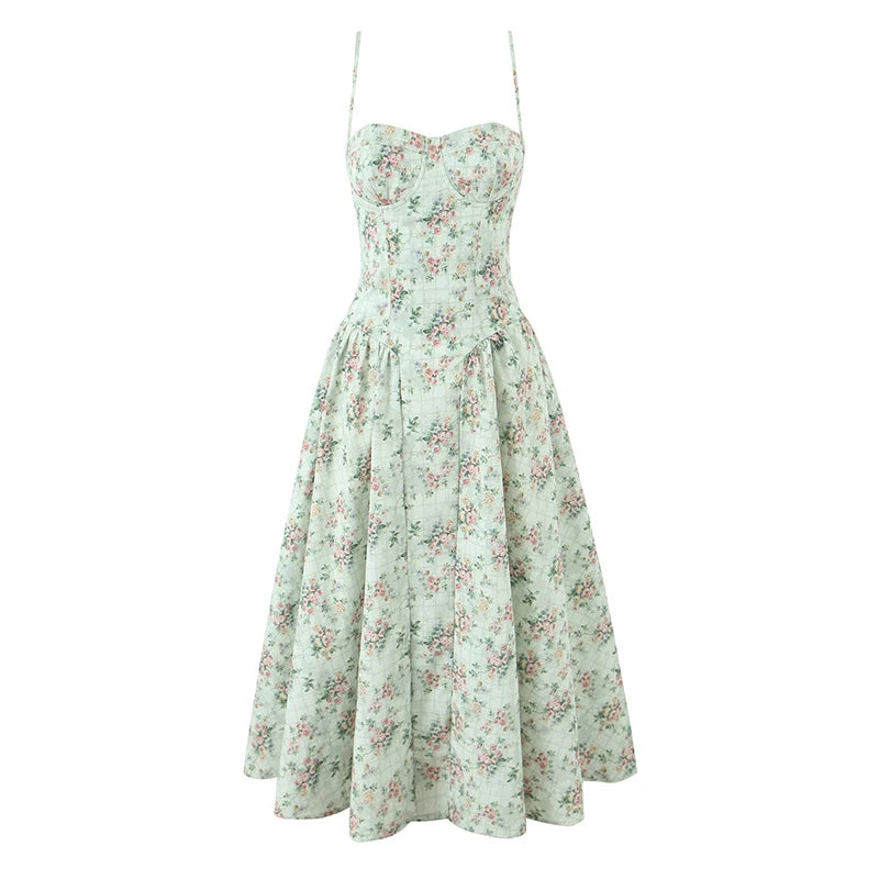 Sommerkjole midi kjole med blomsterprint – Spaghetti stropper | Lav talje | A-line skørt | Figurnær overdel | Elegant til fest
