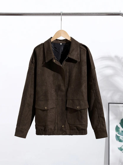 Kort Damejakke i Ruskind-look | Lynlås & Klassisk Krave | Vintage Stil til Efterår & Vinter