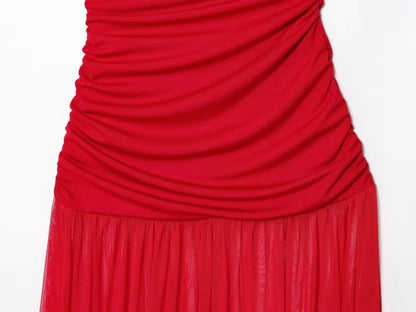 Elegant Rød Aftenkjole | Plisseret Lang Kjole | Ærmeløs Slim Fit A-line Kjole
