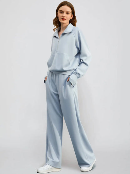 Dame Jogging Sæt | Halv Lynlås Sweatshirt & Vide Bukser | Komfortabelt & Stilrent To-delt Sæt