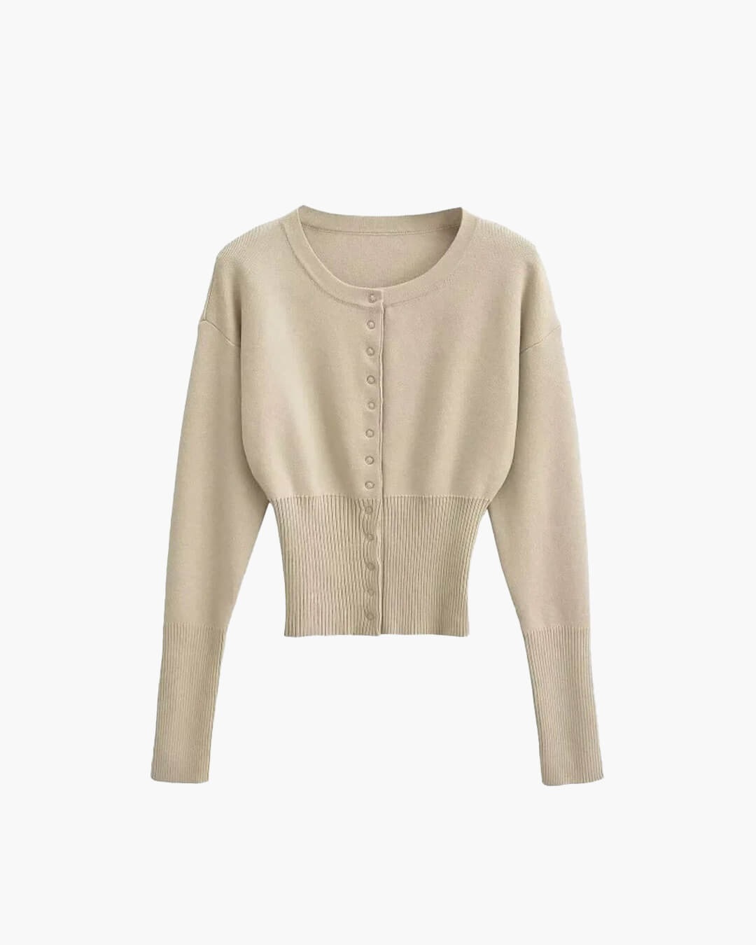 Beige strik cardigan til kvinder | Cropped model med knapper | Ribbet talje og rund hals