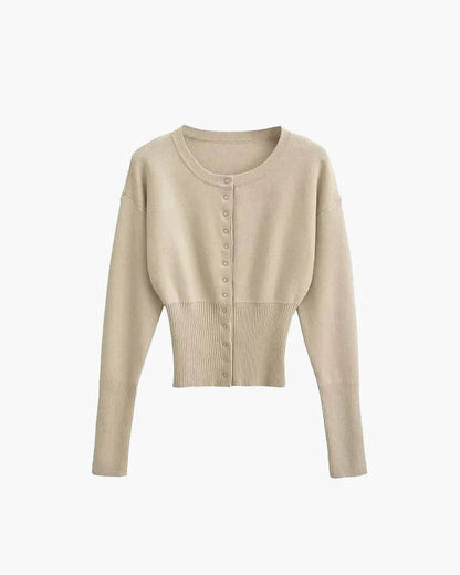 Beige strik cardigan til kvinder | Cropped model med knapper | Ribbet talje og rund hals