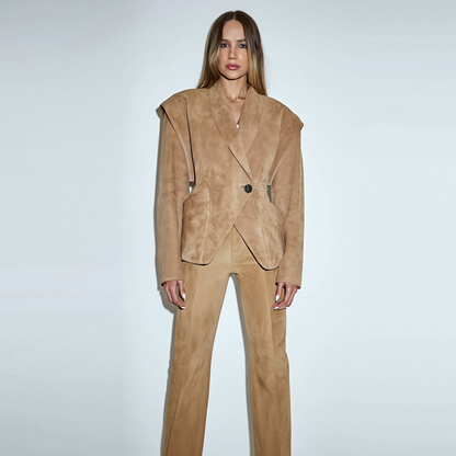 Elegant kort ruskindslignende jakke til kvinder | Sløjfebælte i taljen