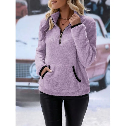Kvinders plush sweatshirt | Halv lynlås og lommer | Blød og afslappet pasform