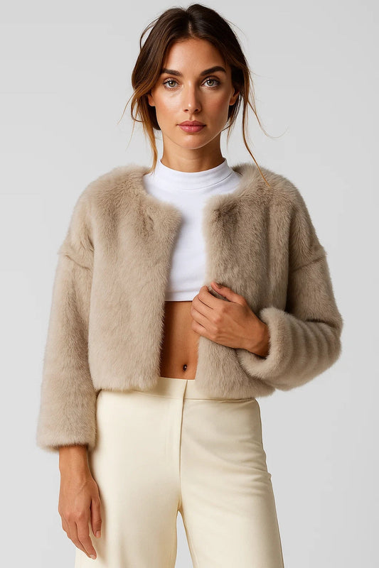Kort faux fur jakke til kvinder | Luksuriøst look | Åben front i sort eller beige