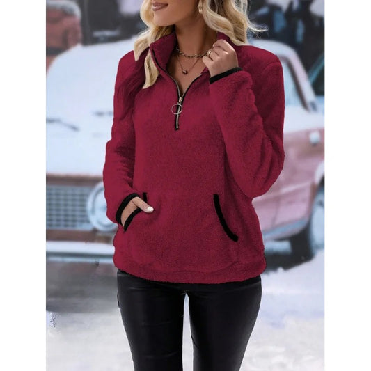 Kvinders plush sweatshirt | Halv lynlås og lommer | Blød og afslappet pasform