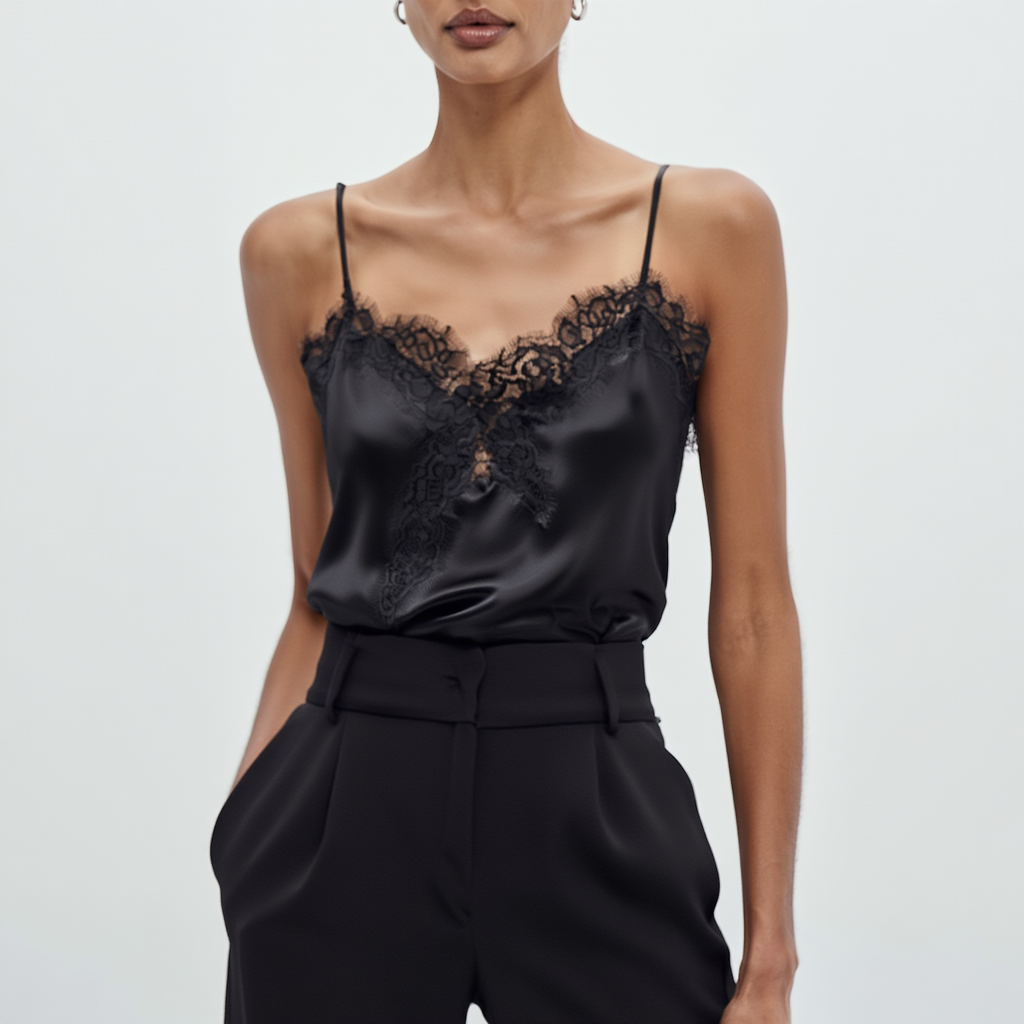 Satin top med blondekant | Elegant sommer camisole med stropper