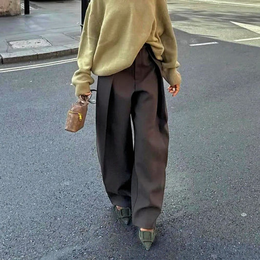 Bredbenede Bukser til Kvinder | Høj Talje | Lommer & Plissering | Casual Office Pants