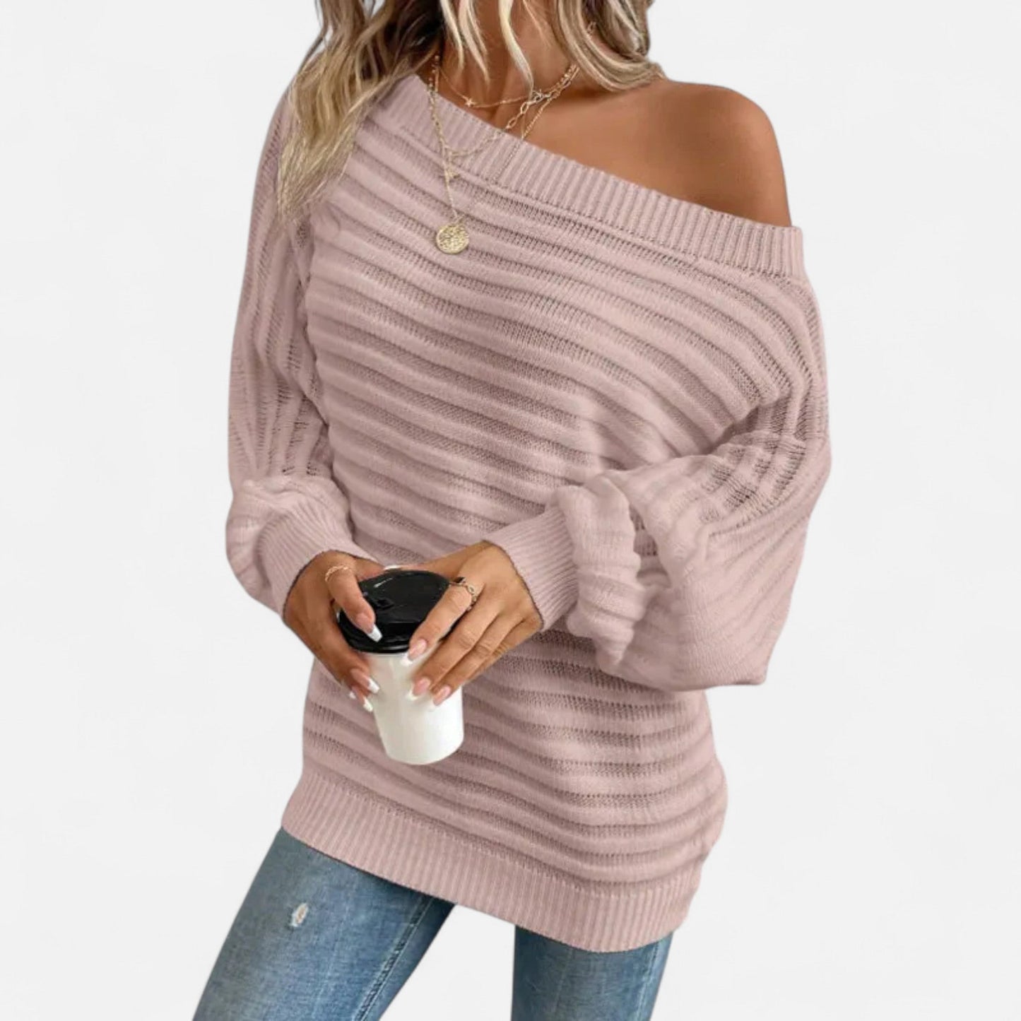 Sweater til Kvinder | Off-Shoulder Design | Strikket Struktur | Elegant Pasform