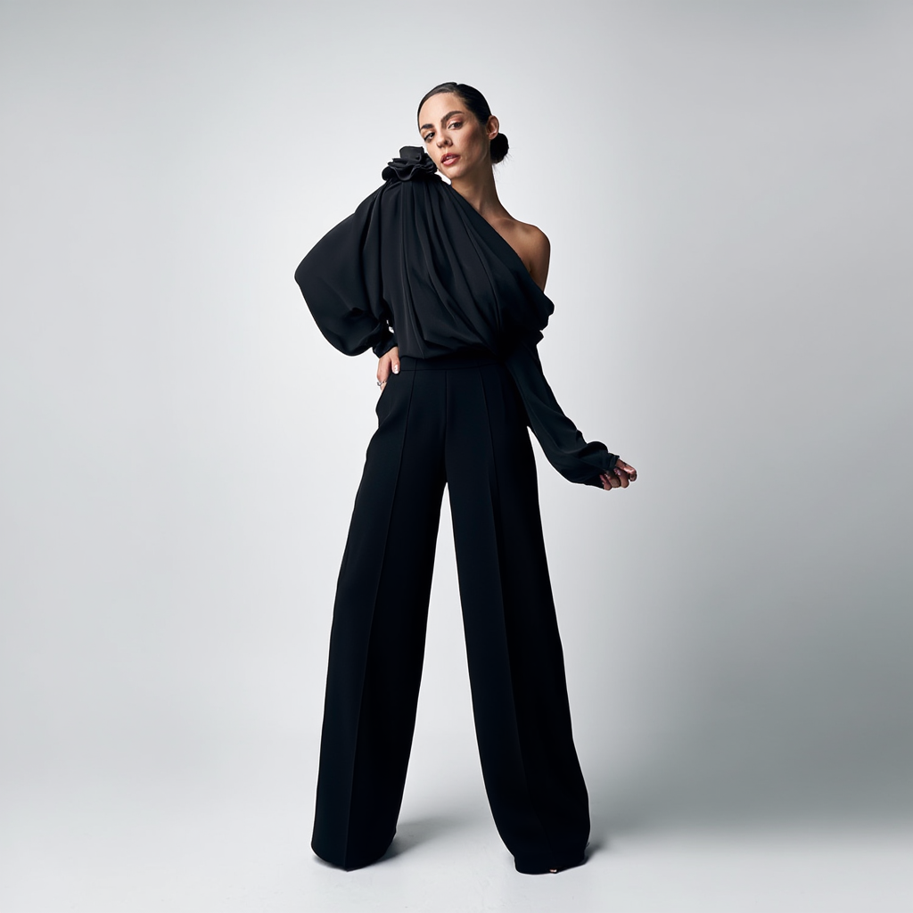 Asymmetrisk bluse til kvinder | Off-shoulder design med blomsterdetalje | Draperet mesh og lange ærmer