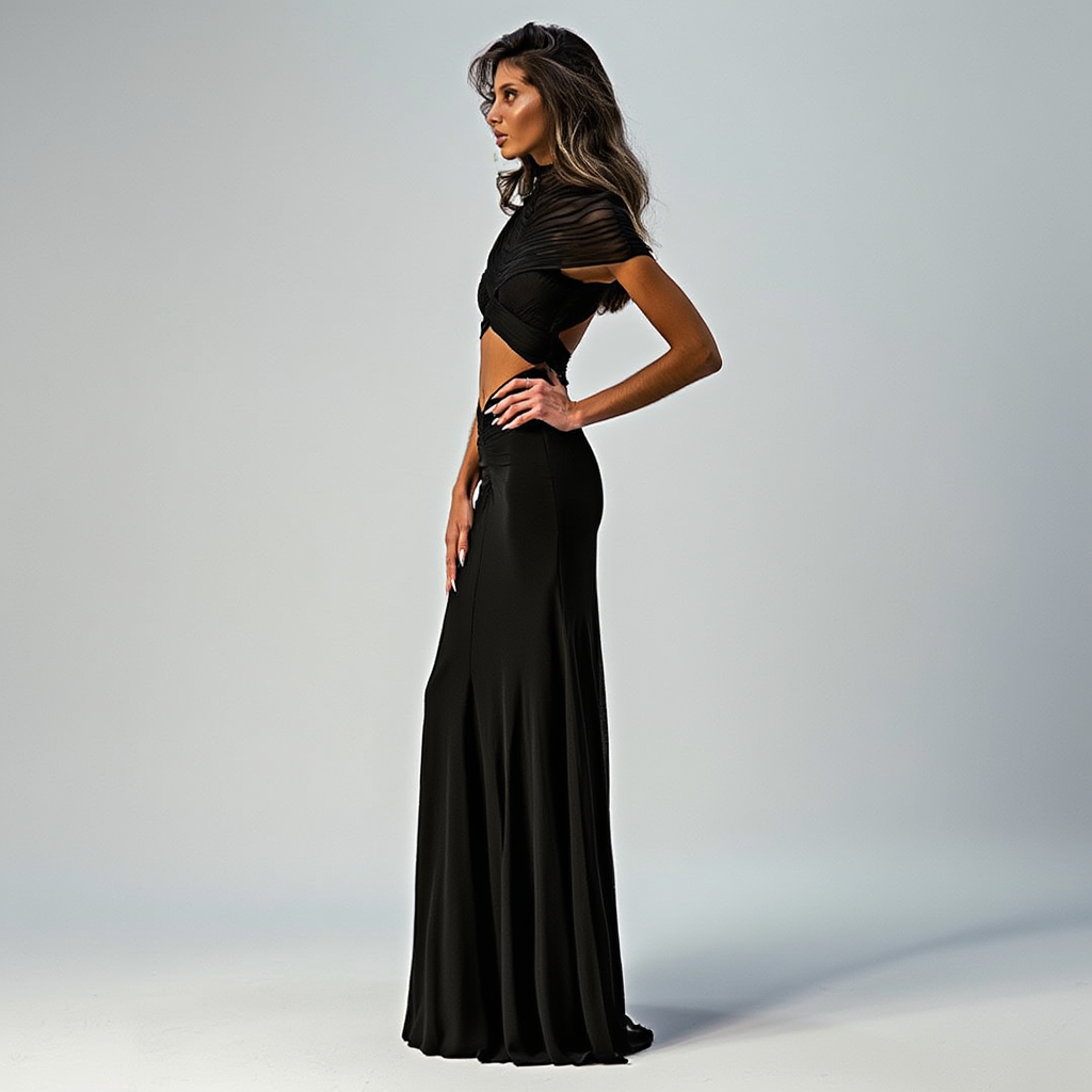 Lang aftenkjole til kvinder | Meshdetaljer og udskæringer | Figursyet maxi med høj hals