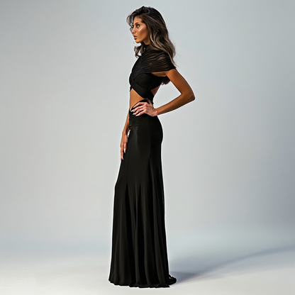 Lang aftenkjole til kvinder | Meshdetaljer og udskæringer | Figursyet maxi med høj hals