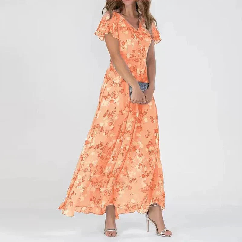 Maxi kjole med blomsterprint – V-hals | Flæseærmer | Let, transparent fald | Elegant A-line silhuet