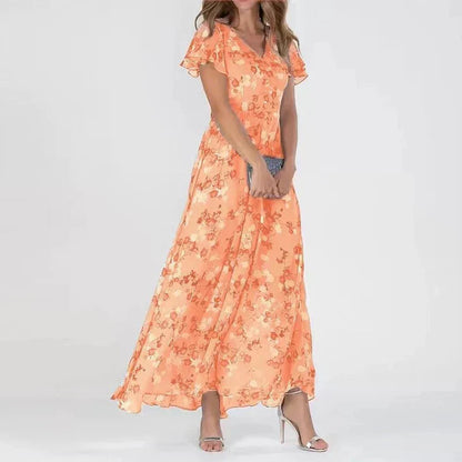 Maxi kjole med blomsterprint – V-hals | Flæseærmer | Let, transparent fald | Elegant A-line silhuet