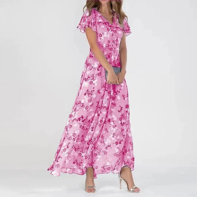 Maxi kjole med blomsterprint – V-hals | Flæseærmer | Let, transparent fald | Elegant A-line silhuet