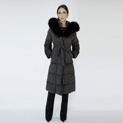 Lang vatteret vinterfrakke til kvinder | Bindebælte | Hætte med imitert pelskant