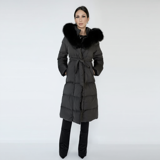 Lang vatteret vinterfrakke til kvinder | Bindebælte | Hætte med imitert pelskant