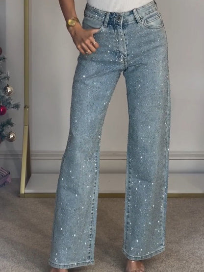 Dame Jeans med Glimmerdetaljer | Høj Talje | Komfortabel & Elegant Pasform
