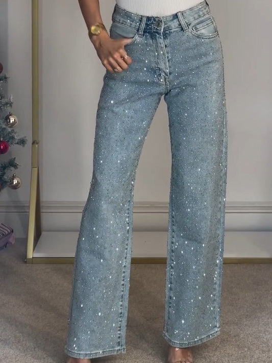 Dame Jeans med Glimmerdetaljer | Høj Talje | Komfortabel & Elegant Pasform