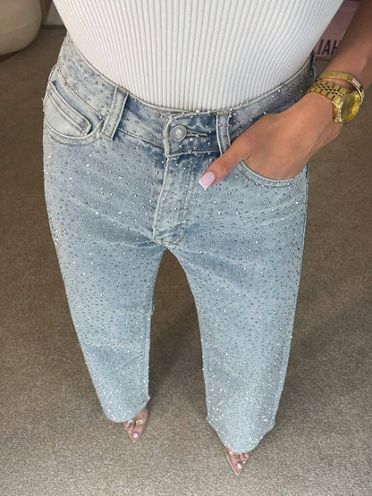 Dame Jeans med Glimmerdetaljer | Høj Talje | Komfortabel & Elegant Pasform