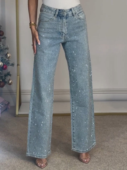 Dame Jeans med Glimmerdetaljer | Høj Talje | Komfortabel & Elegant Pasform