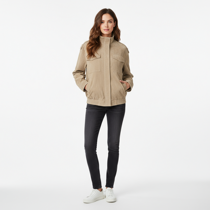 Kvinders jakke i ruskind-look | Beige overgangsjakke | Elegant design med utility-detaljer