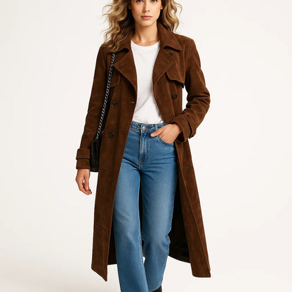 Kvinders lang ruskindsjakke | Klassisk design | Bælte i taljen | Retro