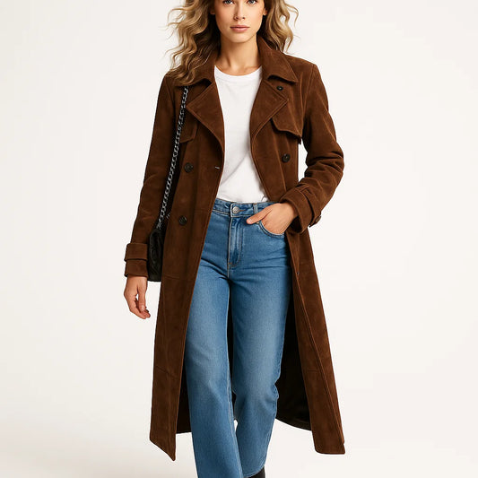 Kvinders lang ruskindsjakke | Klassisk design | Bælte i taljen | Retro